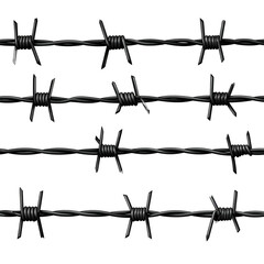 Close-up view of four parallel barbed wire strands against a stark black background