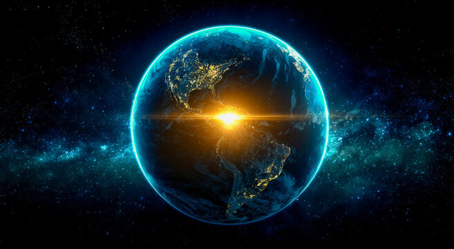 A blue, glowing earth with the sun rising on it, against a dark background.
- Powered by Adobe