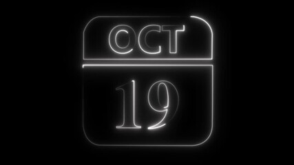 Neon calendar icon displaying October 19th date with glowing white outline against a black backdrop image