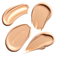 Swatches of light to medium skin tone cosmetic product arranged on a black background