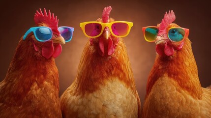 Three chickens wearing colorful sunglasses. The chickens have orange feathers and distinct combs. The background is warm and blurred, enhancing the playful scene.