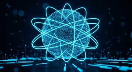 Glowing quantum sphere with atomic structures and blue energy particles on dark background