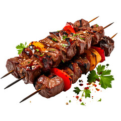 Grilled meat and vegetable skewers, presented with herbs, set against a black backdrop