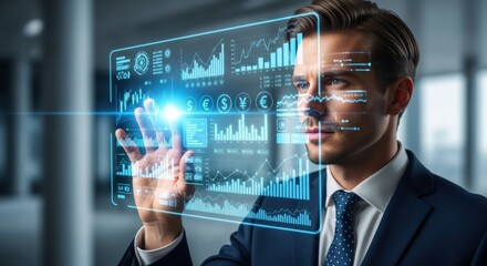 Young caucasian male analyzing digital finance chart in futuristic office setting