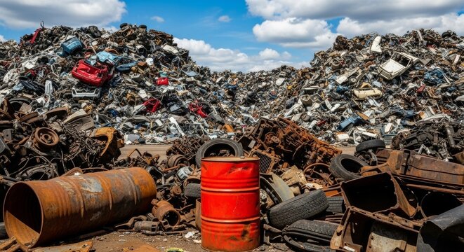 Massive scrap yard with piles of rusty metal and old car parts under blue sky