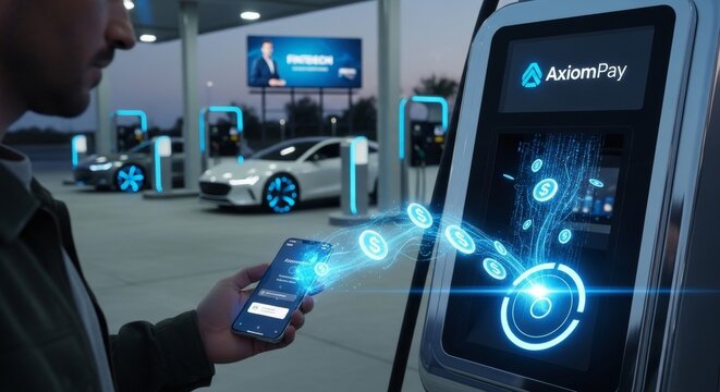 Male using mobile payment at modern digital charging station at dusk