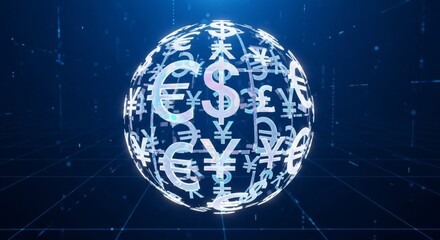 Global currency symbols sphere on digital grid background