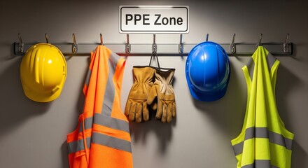 Ppe zone sign with protective equipment hanging on a wall for workplace safety