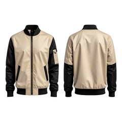 Front and back view of a tan and black bomber jacket against a black background