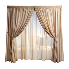 Beige curtains framing a bright window, held back with tie-backs