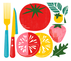 Tomato with fork and knife flat vector illustration on a white background