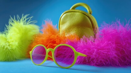 Colorful accessories including a yellow handbag, vibrant pink and orange feathers, and green sunglasses on a blue background.