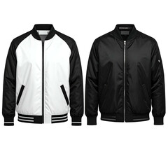 Two bomber jackets, one white and black, the other black. Front view, studio lighting