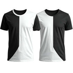 Two identical shirts in contrasting black and white, split vertically down the front
