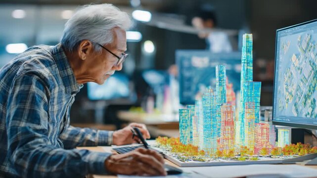 Senior Architect Engaged in Designing a Vibrant Urban Development Model with Colorful Skyscrapers and Landscaping, Showcasing Innovative Architectural Techniques
