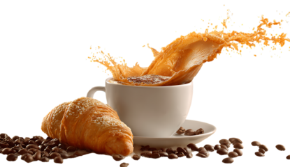 A cup of coffee with splashes and a croissant in a dynamic breakfast scene on white background