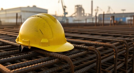 Yellow construction helmet resting on reinforcing steel bars in an industrial environment