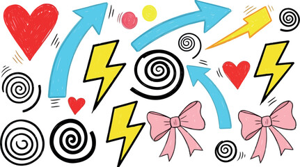 Vector art of abstract graphic elements including hearts, arrows, lightning bolts, and swirls