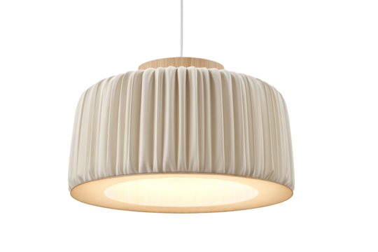 Elegant creamcolored pendant lamp with a pleated fabric shade isolated on transparent background