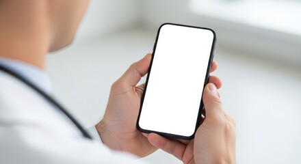 Male doctor showing smartphone with blank screen for medical information display