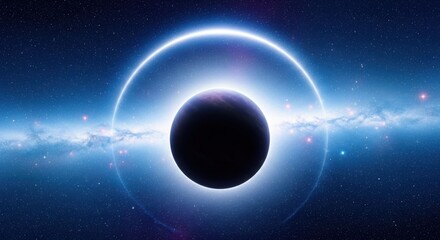 A dark planet surrounded by a glowing ring in deep space