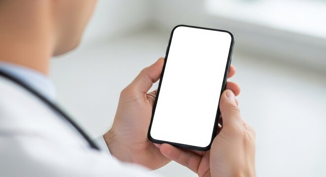 Male doctor showing smartphone with blank screen for medical information display