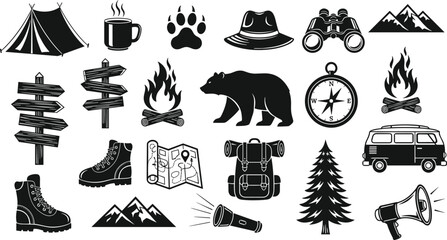 Naklejka premium Camping icon set, hiking gear, tent, bear, compass, boots, outdoor adventure symbols, cad drawing flat vector illustration