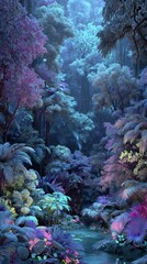 Obraz premium Vibrant Fantasy Forest: Luminous Stream & Flora 