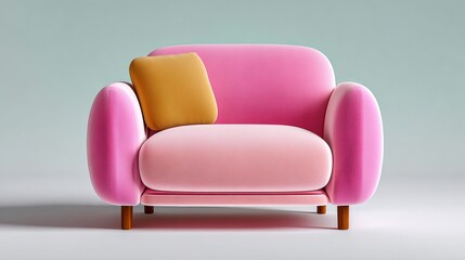 Pink couch with a yellow pillow on it. The couch is very soft and comfortable. It is a great place to relax and unwind