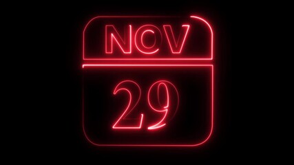 Red Neon Calendar Icon Showing November 29th Date On Black Background twenty nine