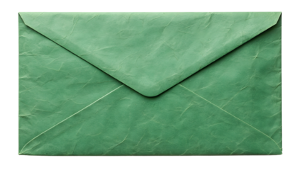 Dark green textured paper envelope front view displaying rich color and triangular sealed flap, isolated on a transparent background