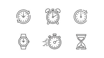 Set of time icons line art vector illustration of clock alarm hourglass and watch isolated on white background