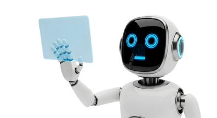 Futuristic robot holding a transparent digital tablet