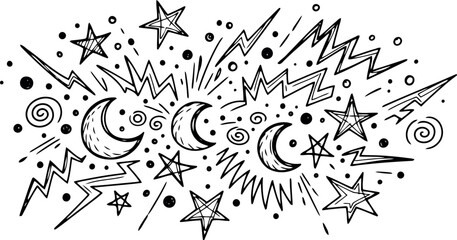 Vector art of handdrawn doodle elements featuring moons, stars, lightning bolts, and sparks