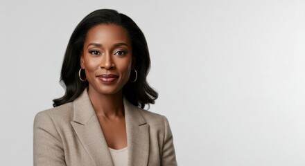 Fototapeta premium Corporate or marketing portrait: elegant black woman smiling in business attire with copy space.