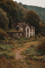 Creepy abandoned house stands in a gloomy autumn forest