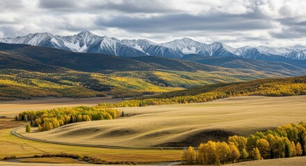 A scenic autumn landscape with mountains and golden trees under a cloudy sky
