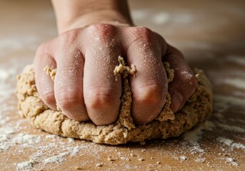 Sourdough or wholemeal bread: detailed texture of the dough and the baker's hand.