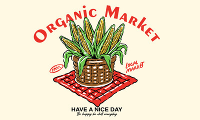 Retro artwork of a basket of organic corn on a checkered cloth. Vintage illustration for local market branding, t shirt prin