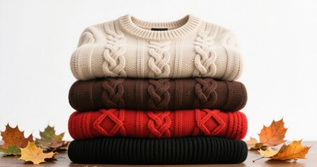 Stack of cozy colorful sweaters on the wooden table