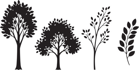 Set of Black Silhouettes of Trees and Branches with Leaves on White Background foliage