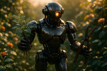 Robot Gardener in Lush Garden at Sunrise