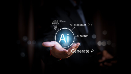 Businessman holding AI technology icon representing artificial intelligence, chatbot, and digital assistant innovation. Concept of smart automation, AI agents, and futuristic data technology.