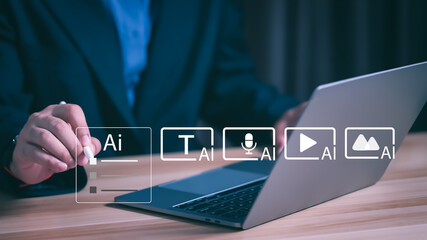 Businessman holding AI icon showing artificial intelligence, chatbot, and digital assistant technology. Concept of smart innovation, automation, and future data transformation.
