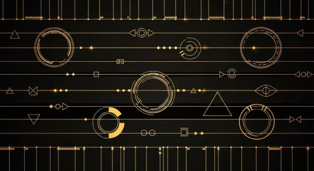 Abstract futuristic digital background with geometric shapes, lines, and circles in gold and black