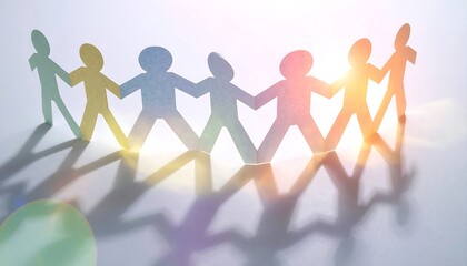 Inspiring paper people hold hands in unity with vibrant rainbow light, symbolizing teamwork, diversity, and hope for a brighter future together