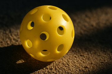 Yellow Plastic Perforated pickleball on Sandy Surface