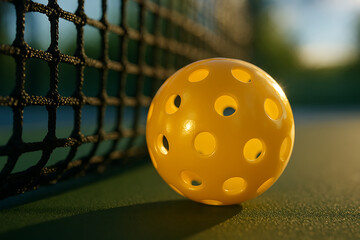 Yellow Pickleball on Court Next to Net at Sunset