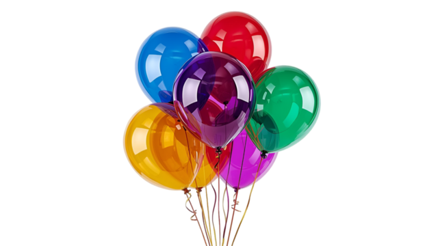 Group Of Colorful Balloons With Gold Ribbons On Black Background