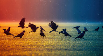silhouettes of crow flock in misty field at dawn or dusk. mystical, atmospheric scene with striking blue to orange color gradient. concept of nature and freedom, wildlife presentation.